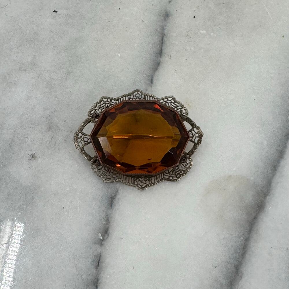 Antique early 1900s Amber stone Filagrees Oval Brooch